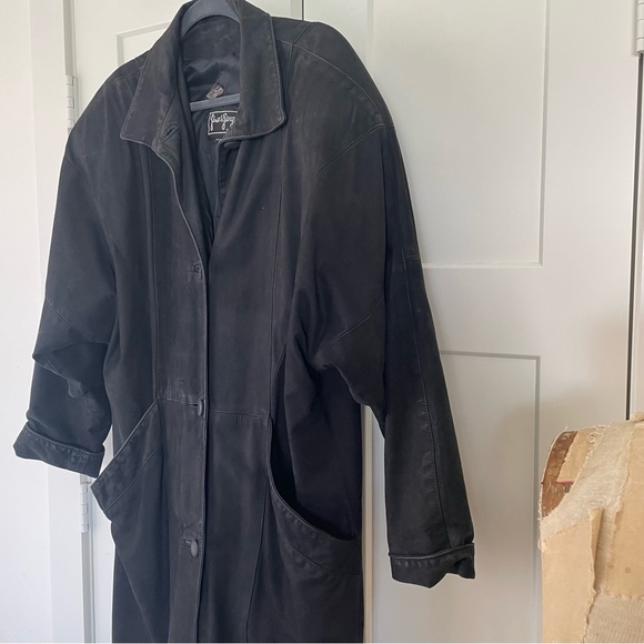 Vintage 80s Gino di Giorgio Black Leather Button Up Trench Coat Size L - Picture 3 of 16
